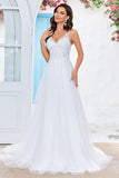 Ivory V-Neck Tulle Sweep Train A Line Vestido de novia con encaje