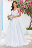Ivory V-Neck Tulle Sweep Train A Line Vestido de novia con encaje