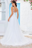 Ivory V-Neck Tulle Sweep Train A Line Vestido de novia con encaje