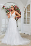 Ivory V-Neck Sweep Train Vestido de novia con encaje