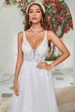 Ivory V-Neck Sweep Train Vestido de novia con encaje