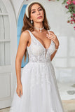Ivory V-Neck Sweep Train Vestido de novia con encaje