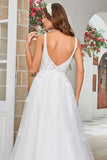 Ivory V-Neck Sweep Train Vestido de novia con encaje